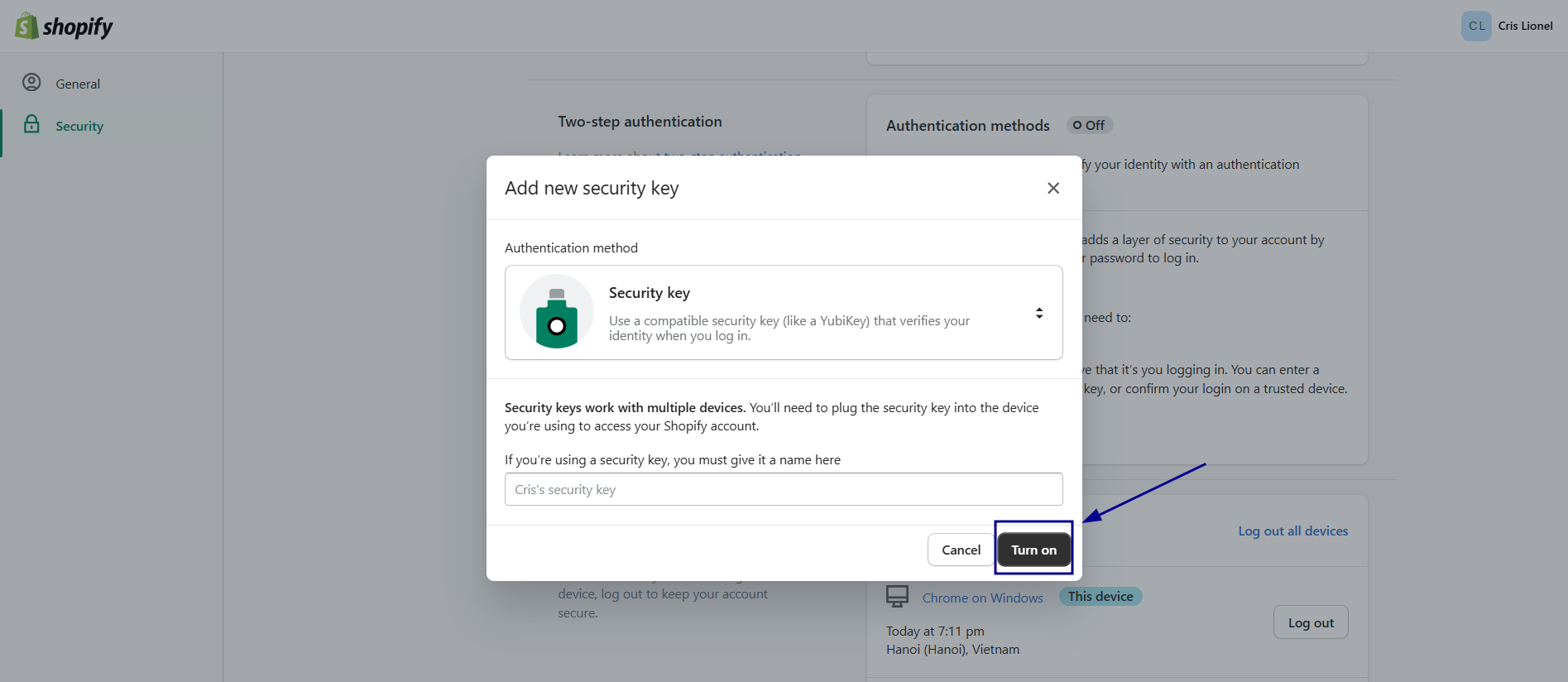 click “Turn On” to activate two-step authentication